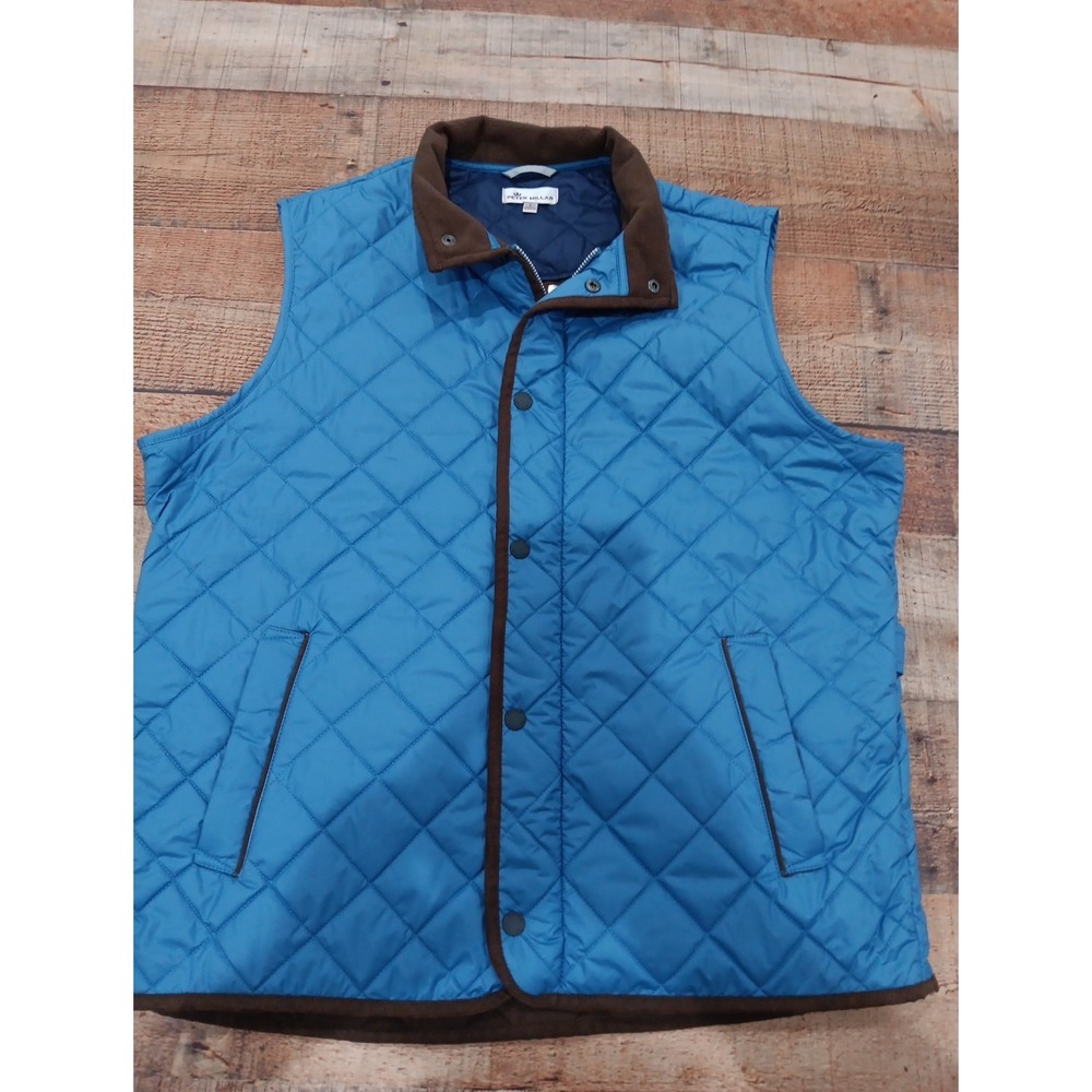 Peter Millar Essex Men's Full-Zip/Snap Quilted Blue/Brown Golf Vest Large  2421